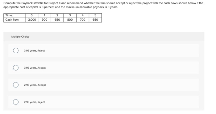  Compute the Payback statistic for Project X and recommend whether the