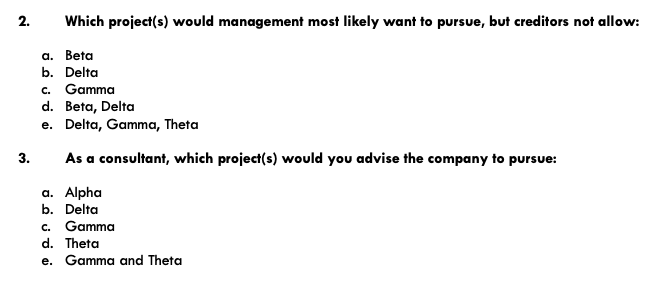 different projects (Alpha, Beta, Delta, Gamma, Theta) There are no cash flows