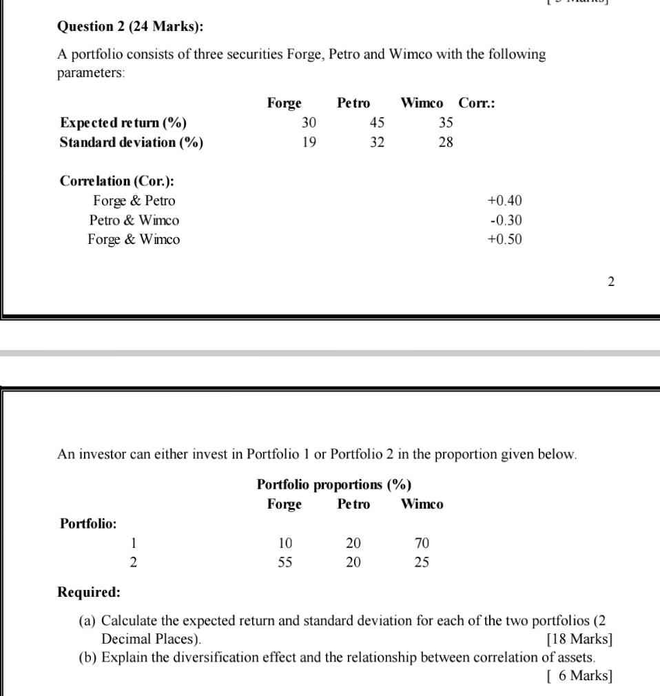 thank you for you help Question 2 (24 Marks): A portfolio