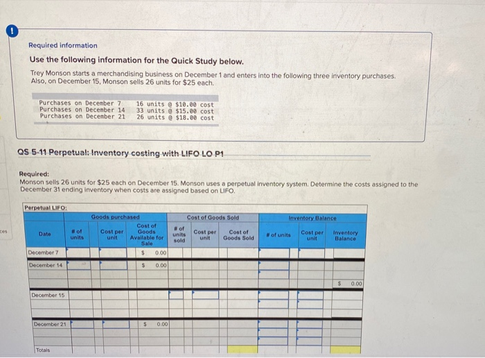  Required information Use the following information for the Quick Study below.