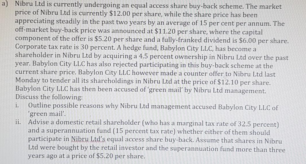  a) Nibru Ltd is currently undergoing an equal access share buy-back