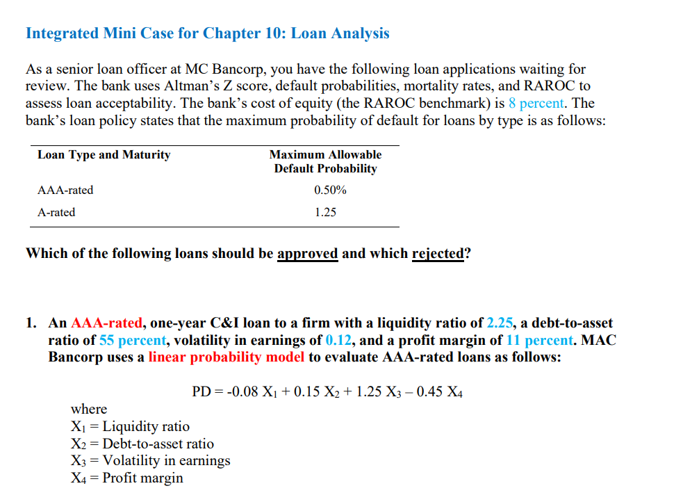  Integrated Mini Case for Chapter 10: Loan Analysis As a senior
