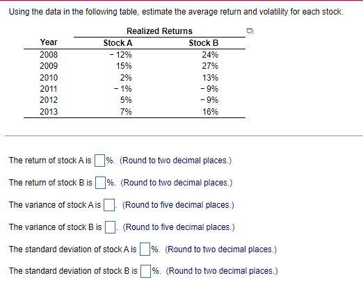  Using the data in the following table, estimate the average return