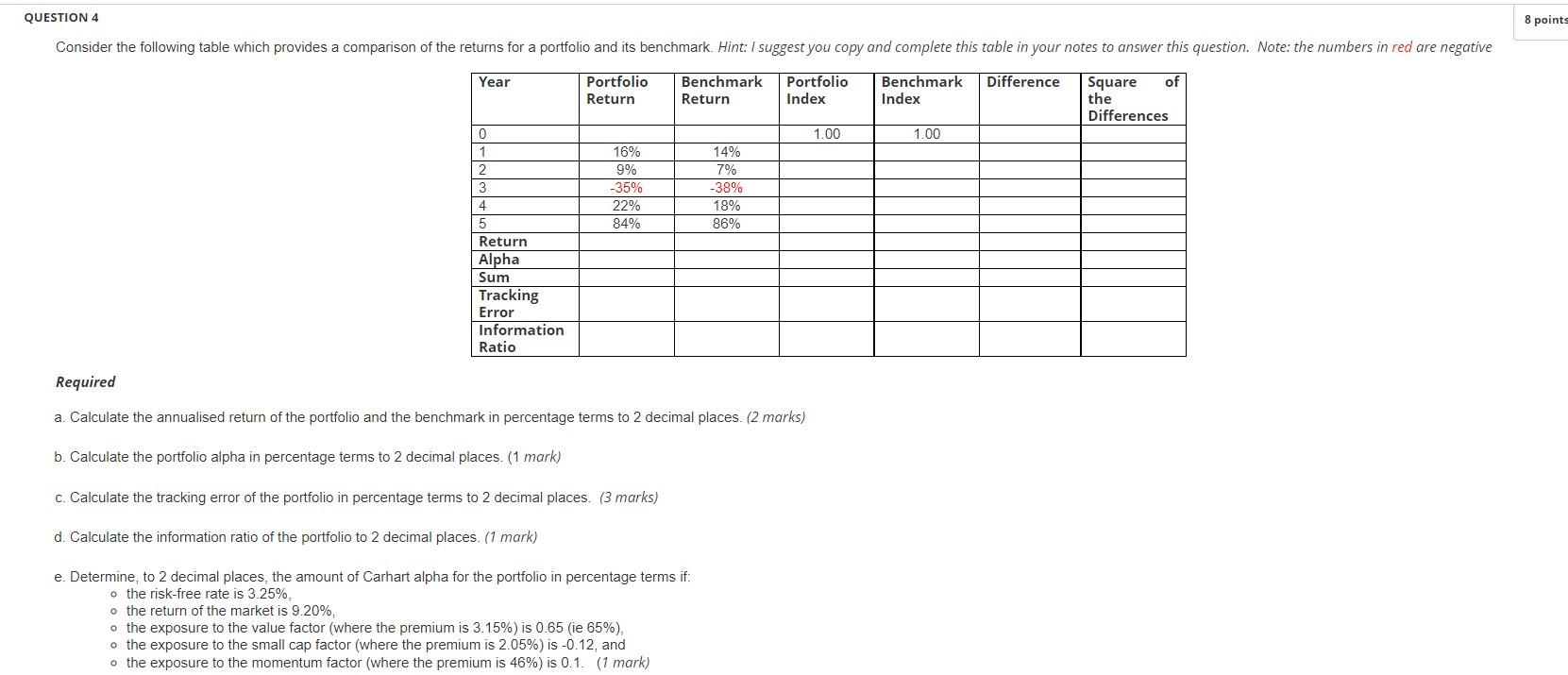 QUESTION 4 Consider the following table which provides a comparison of