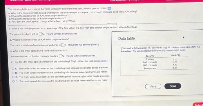 whats th answer? The following table summarizes the yields to maturity on