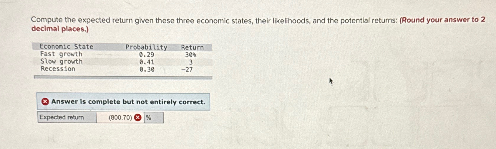  Compute the expected return given these three economic states, their likelihoods,