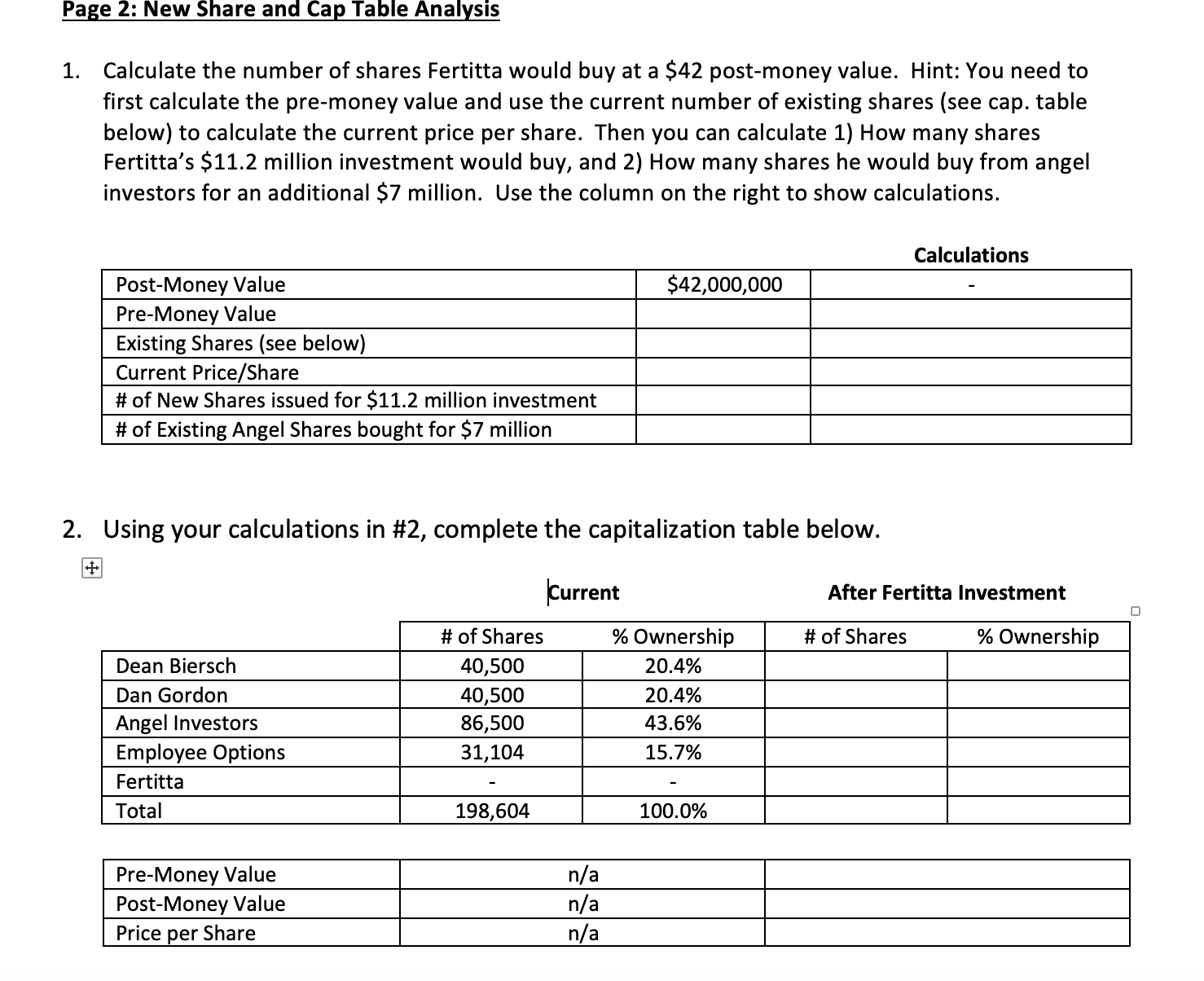  Page 2: New Share and Cap Table Analysis 1. Calculate the