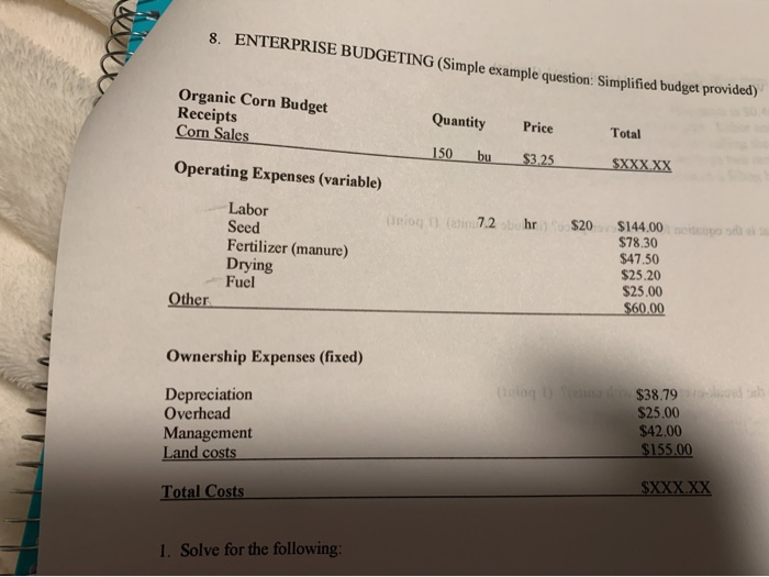  budget equation & question 8. ENTERPRISE BUDGETING (Simple example question: Simplified