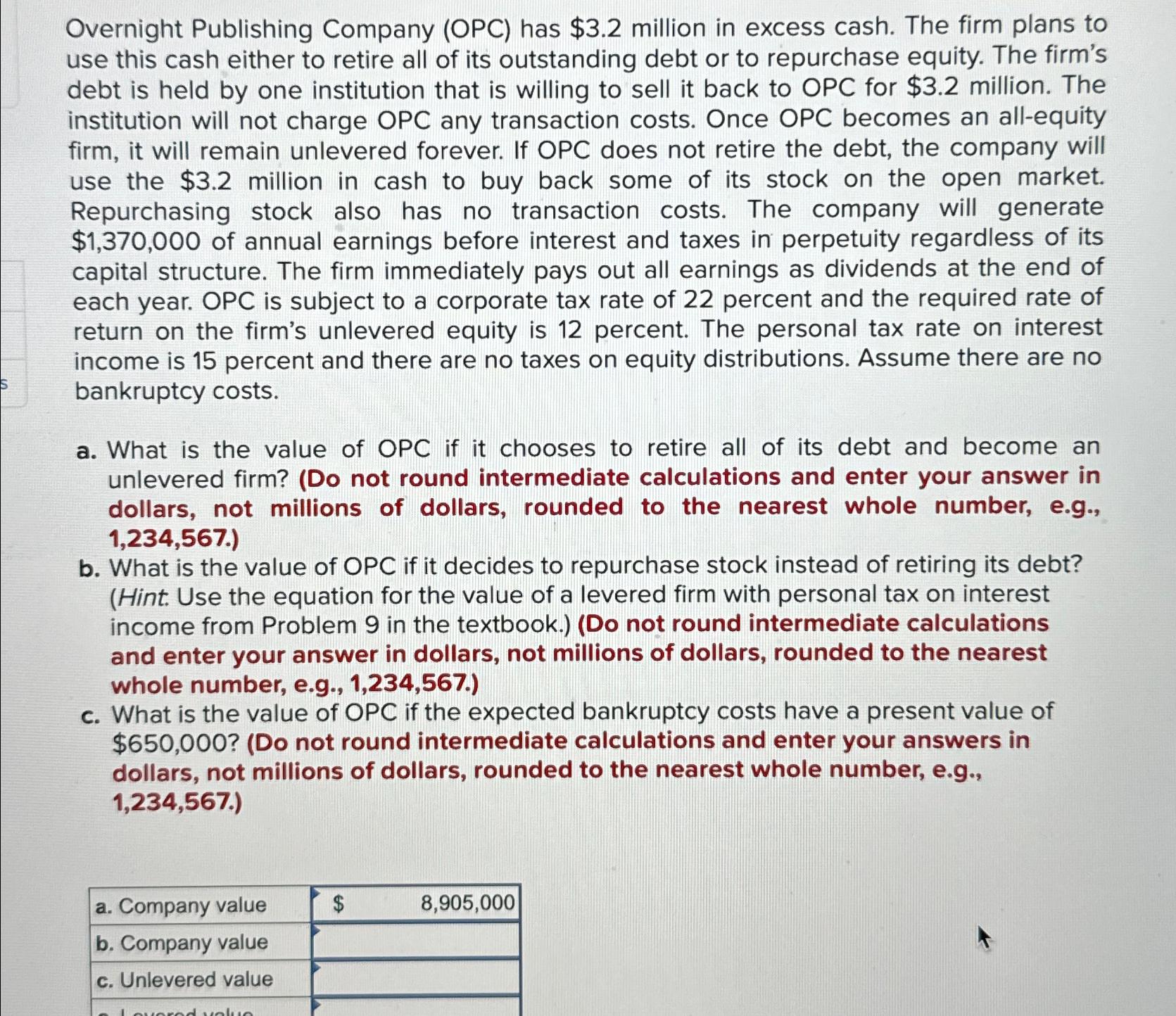  Overnight Publishing Company (OPC) has $3.2 million in excess cash. The