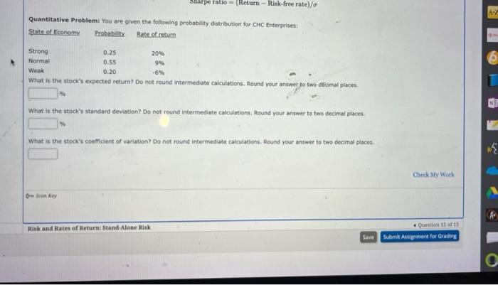  Sharpe ratio (Return-Risk-free rate)/o Quantitative Problem: You are given the following