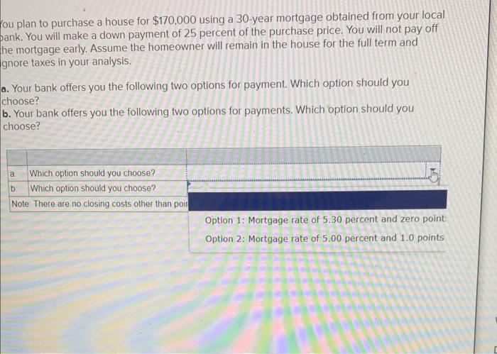 -year mortgage obtained from your local bank. You will make a down