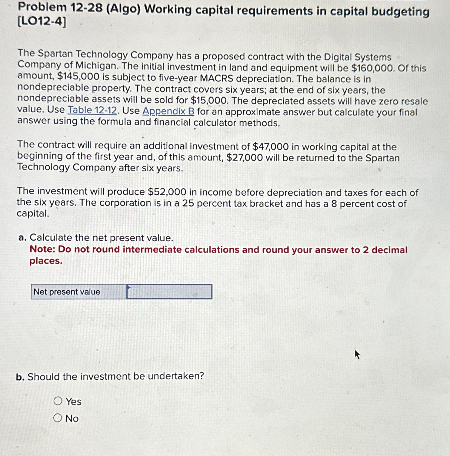  Problem 12-28(Algo) Working capital requirements in capital budgeting [LO12-4] The Spartan