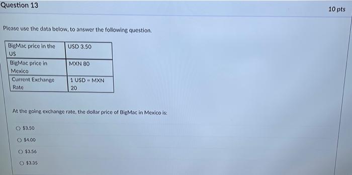  Question 13 Please use the data below, to answer the following