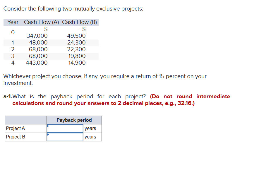 Consider the following two mutually exclusive projects: Whichever project you choose,