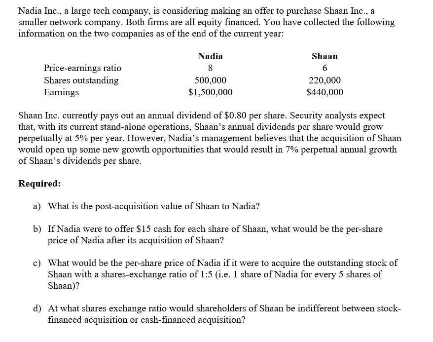  Nadia Inc., a large tech company, is considering making an offer