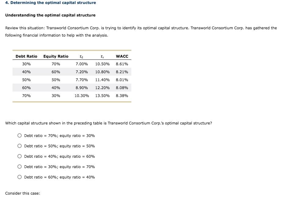  4. Determining the optimal capital structure Understanding the optimal capital structure