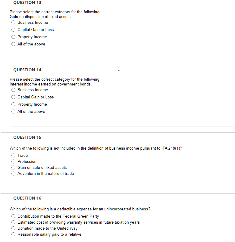 This is for Canada, Ontario QUESTION 13 Please select the correct category