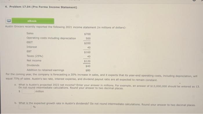  4. Problem 17.04 (Pro Forma Income Statement) Austin Grocers recently reported
