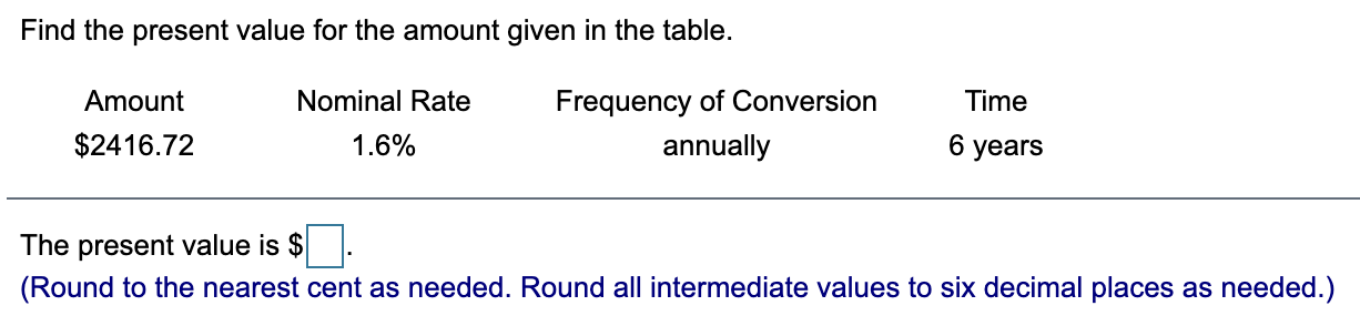 Find the present value for the amount given in the table.