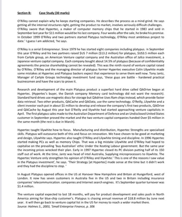  Section B: Case Study (30. marks) O'Rilley cannot explain why he