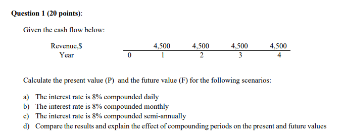 Given the cash flow below: Calculate the present value (P) and