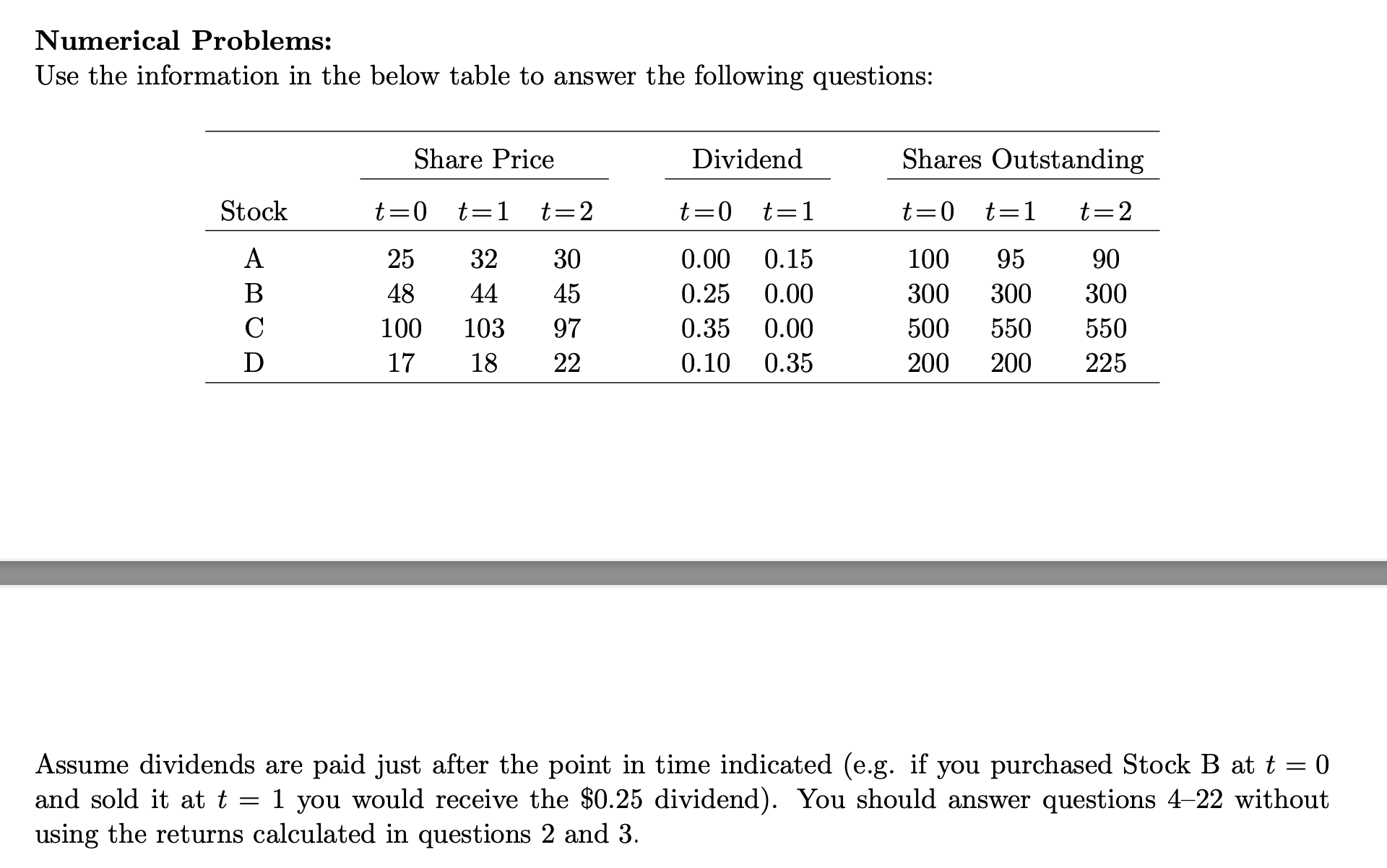 Numerical Problems: Use the information in the below table to answer