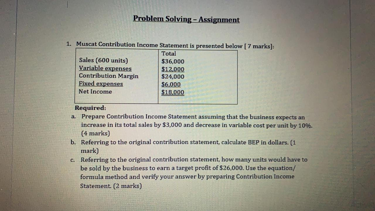 Problem Solving - Assignment 1. Muscat Contribution Income Statement is presented