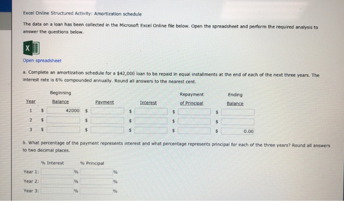  Excel Online Structured Activity: Amortization schedule The data on a loan
