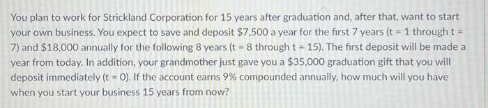 use excel function You plan to work for Strickland Corporation for 15
