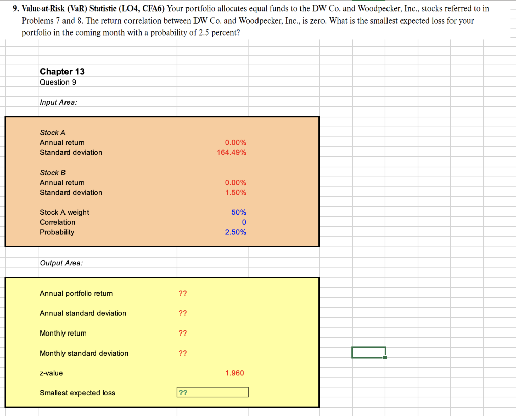 9. Value-at-Risk (VaR) Statistic (LO4, CFA6) Your portfolio allocates equal funds