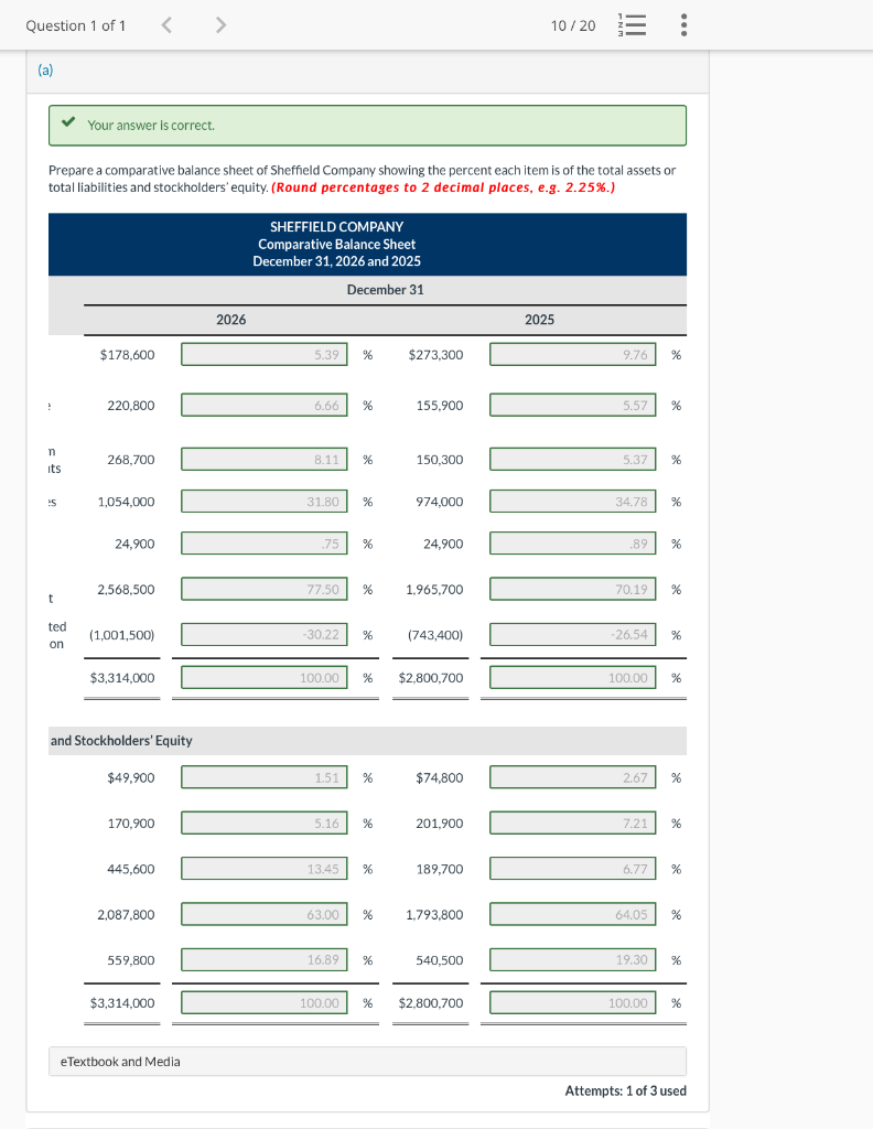 for Sheffield Company. (a) Prepare a comparative balance sheet of Sheffield Company