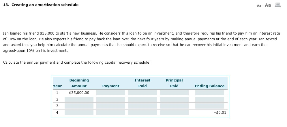 13. Creating an amortization schedule Aa Aa Ian loaned his friend
