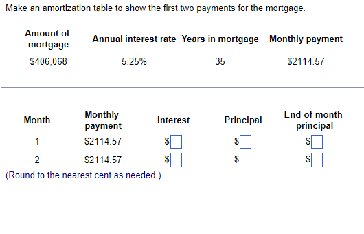 Make an amortization table to show the first two payments for