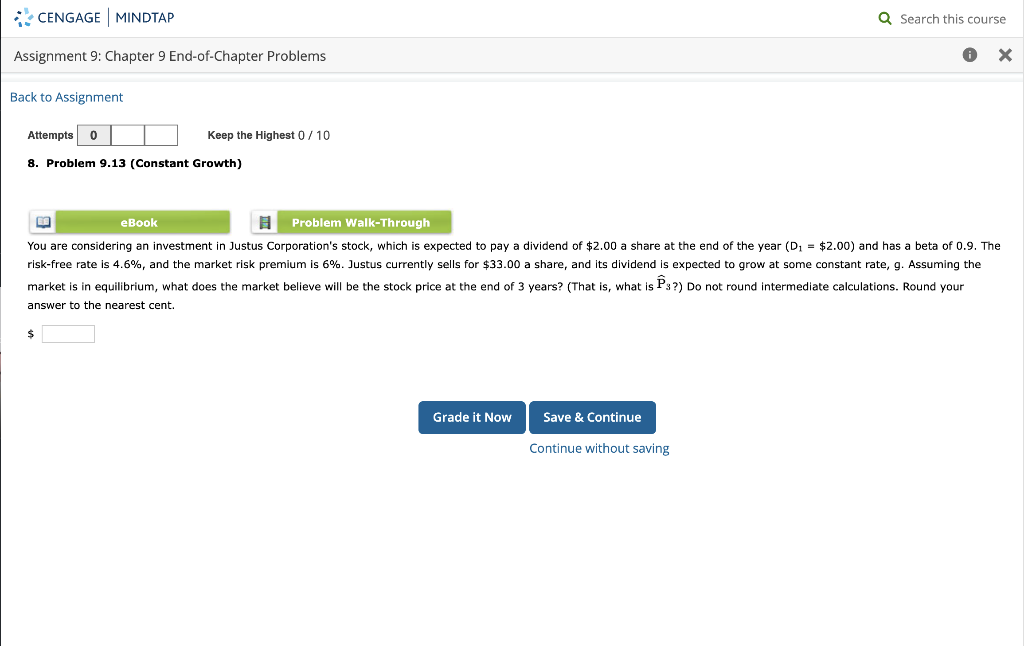  CENGAGE MINDTAP Q Search this course Assignment 9: Chapter 9 End-of-Chapter
