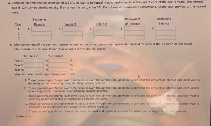 please help thanks! a. Complete an amortization schedule for a $27,000 loan