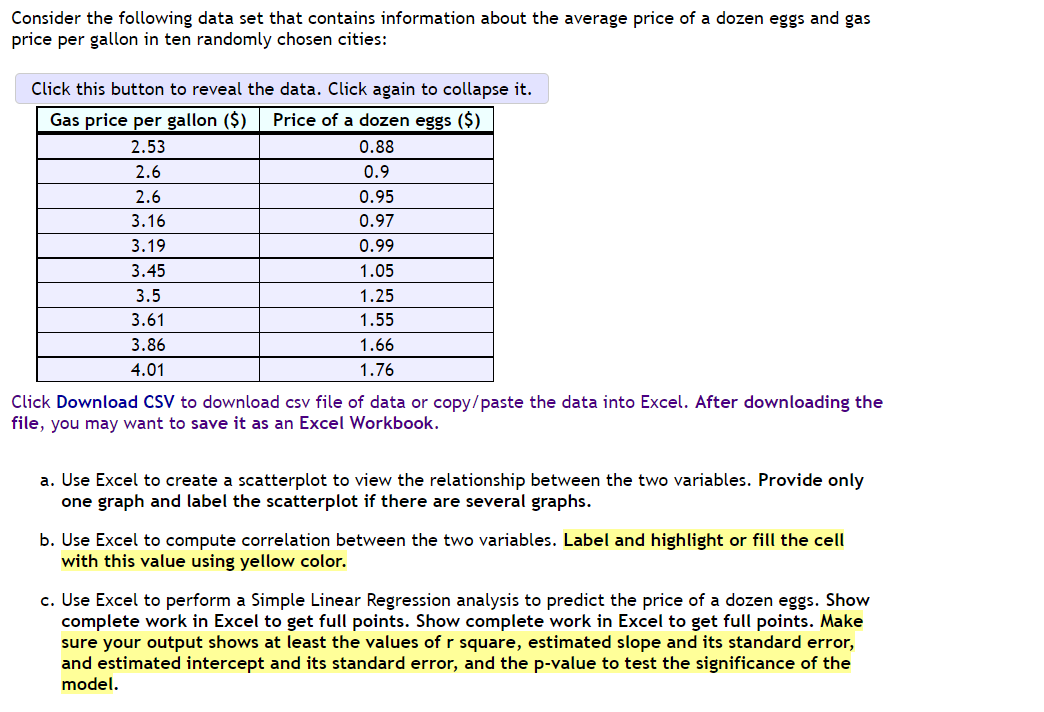Consider the following data set that contains information about the average