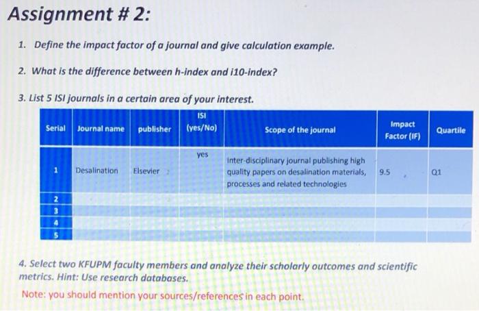  Assignment #2: 1. Define the impact factor of a journal and