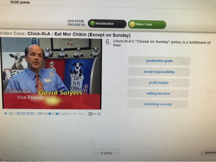  10.00 points QUESTION PROGRESS Introduction Video Case Video Case: Chick-fil-A :