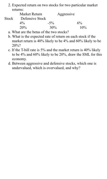  2. Expected return on two stocks for two particular market returns: