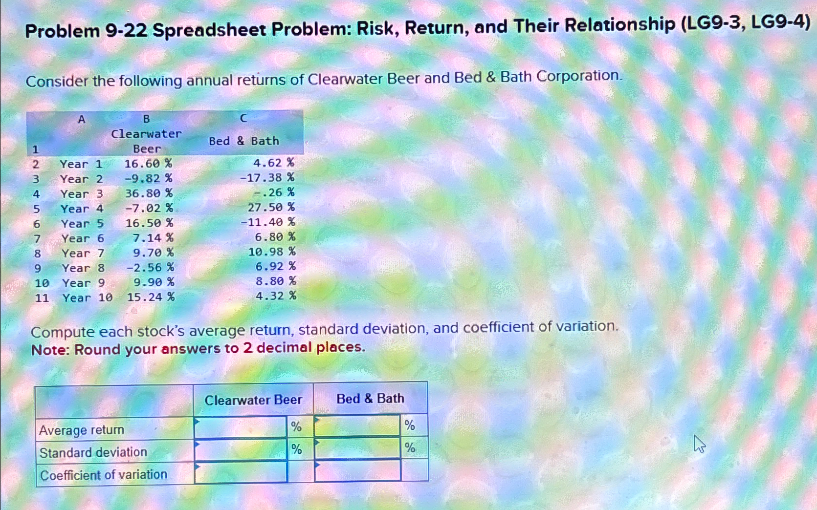  Problem 9-22 Spreadsheet Problem: Risk, Return, and Their Relationship (LG9-3, LG9-4)