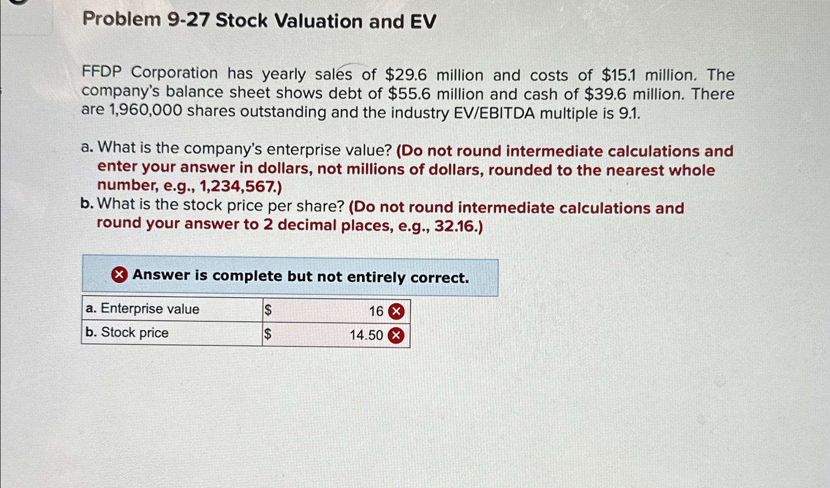  Problem 9-27 Stock Valuation and EV FFDP Corporation has yearly sales