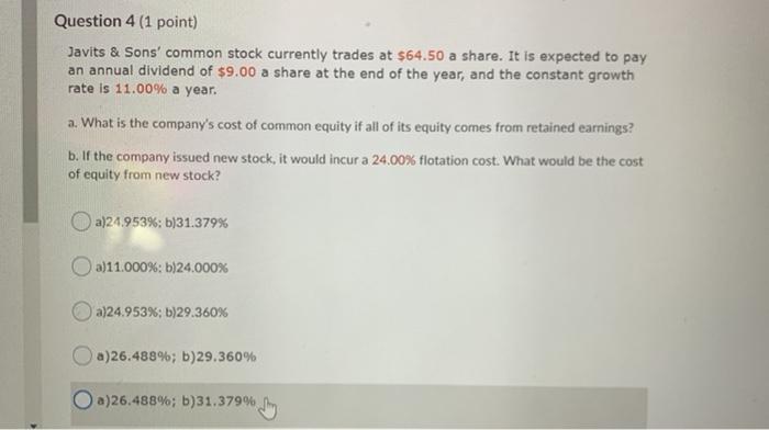  Question 4 (1 point) Javits & Sons' common stock currently trades