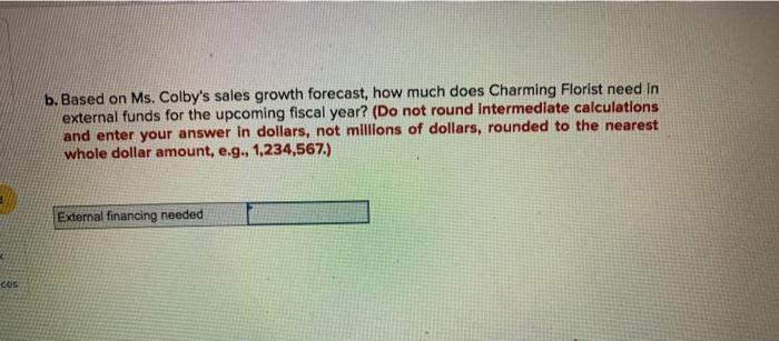 Funds Needed Dahila Colby, CFO of Charming Florist Ltd., has created the