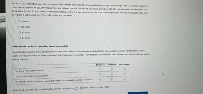 graph that follows. Operational Information for Wine Co. Selling price per unit