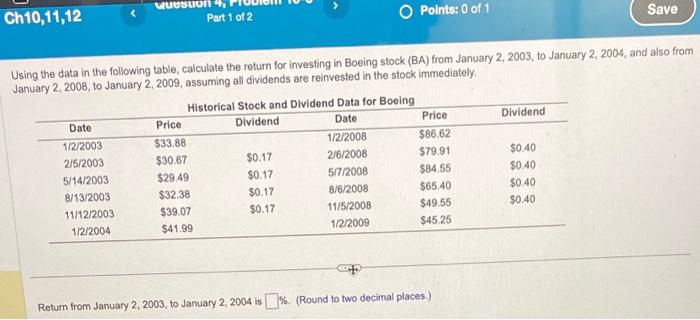  Using the data in the following table, calculate the return for