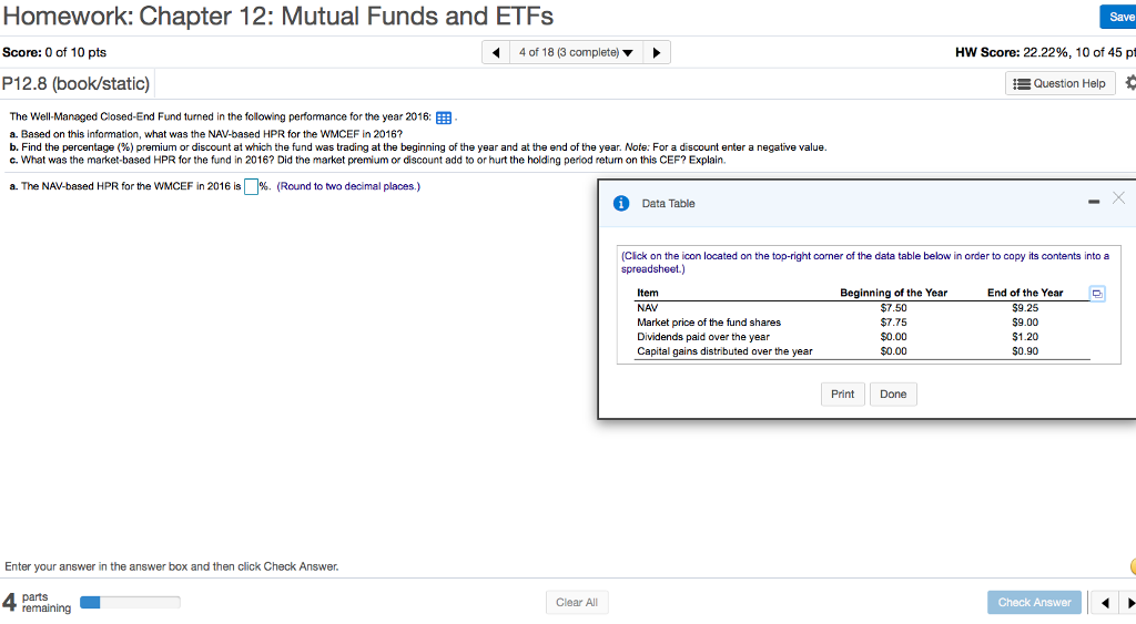 Homework: Chapter 12: Mutual Funds and ETFs Save Score: 0 of