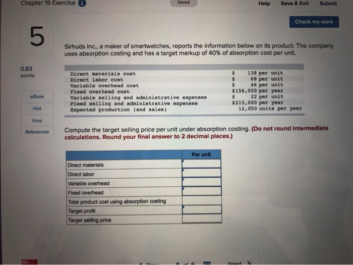  Chapter 19 Exercise Saved Help Save & Exit Submit Check my