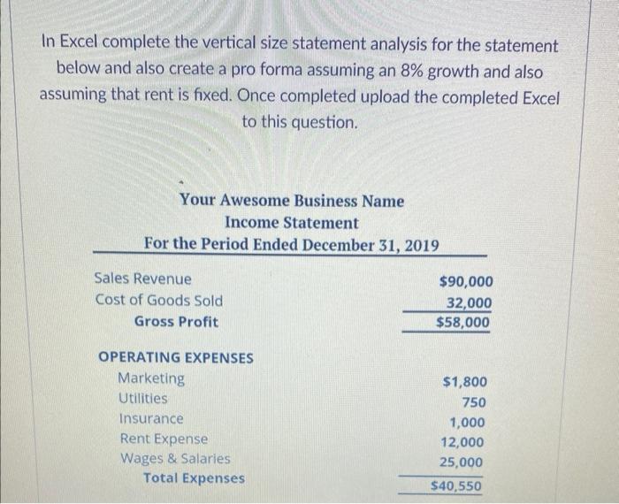  In Excel complete the vertical size statement analysis for the statement