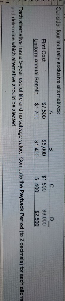  2 1 Consider four mutually exclusive alternatives: A First Cost $7,500