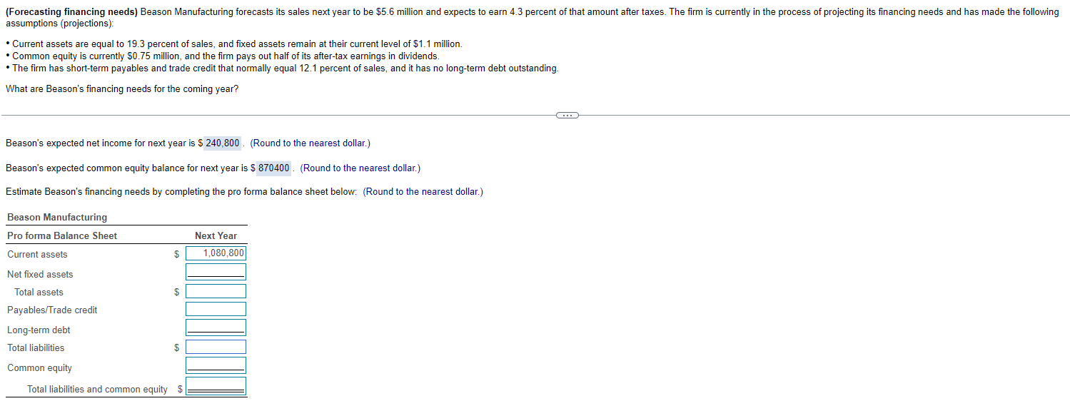  assumptions (projections): Current assets are equal to 19.3 percent of sales,